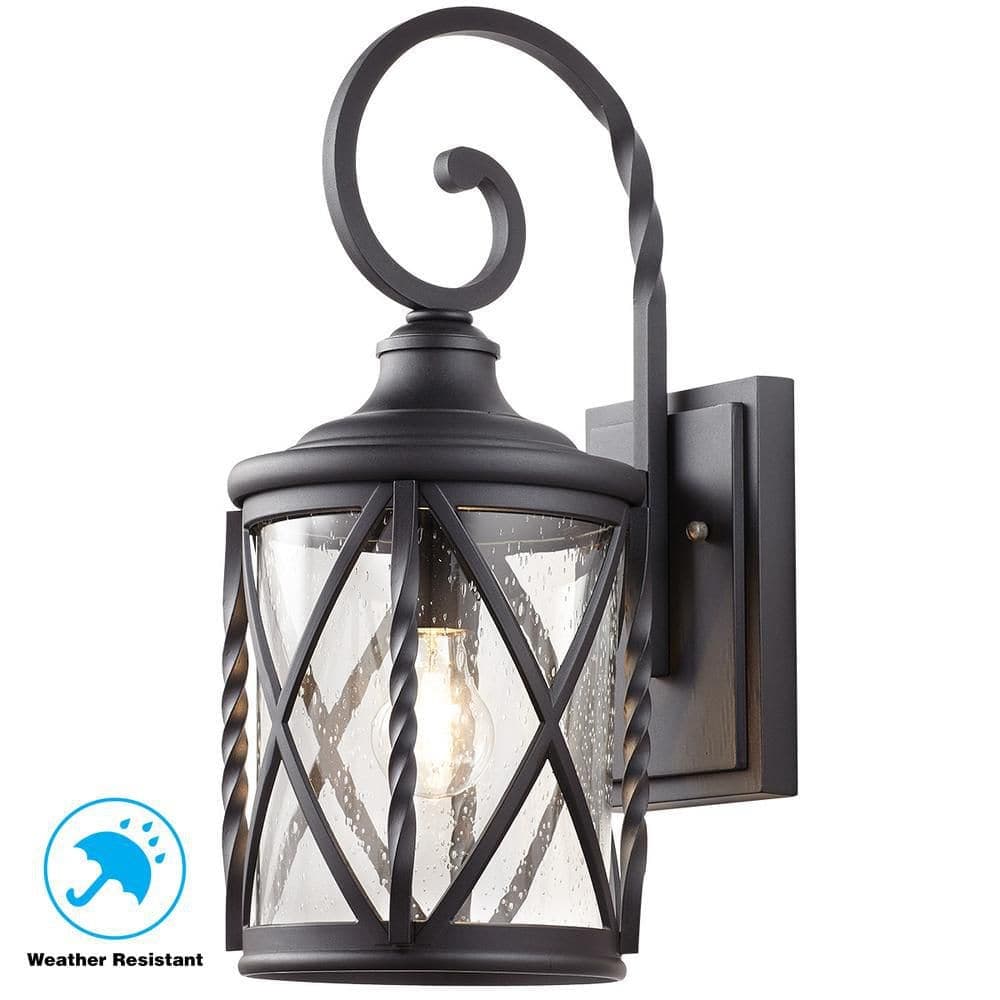 Hampton Bay Walcott Manor 18.75 in. Black Outdoor Hardwired Wall Lantern Sconce with Clear Seeded Glass (4)