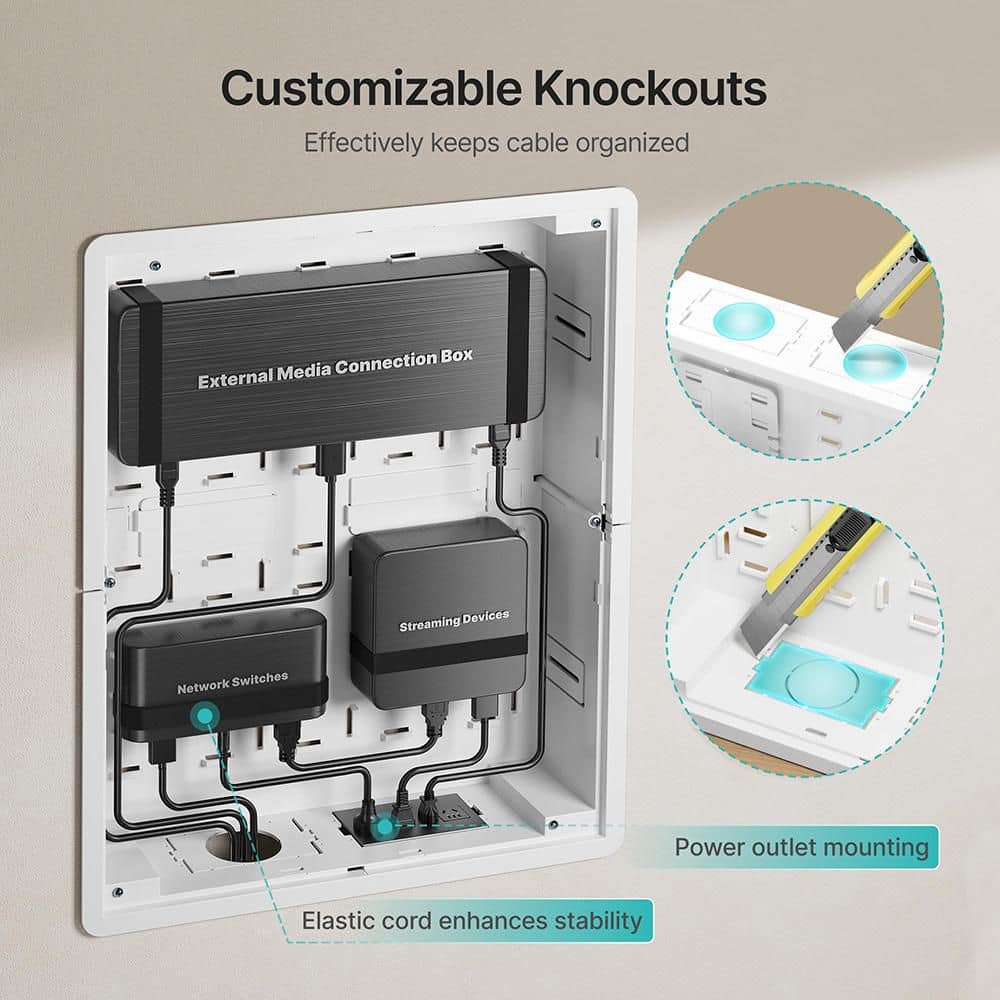 Ahfiwaso Recessed in Wall Media Box Structured Media Enclosure White Cable Management Kit for TV AV Devices 1 Kit (3)