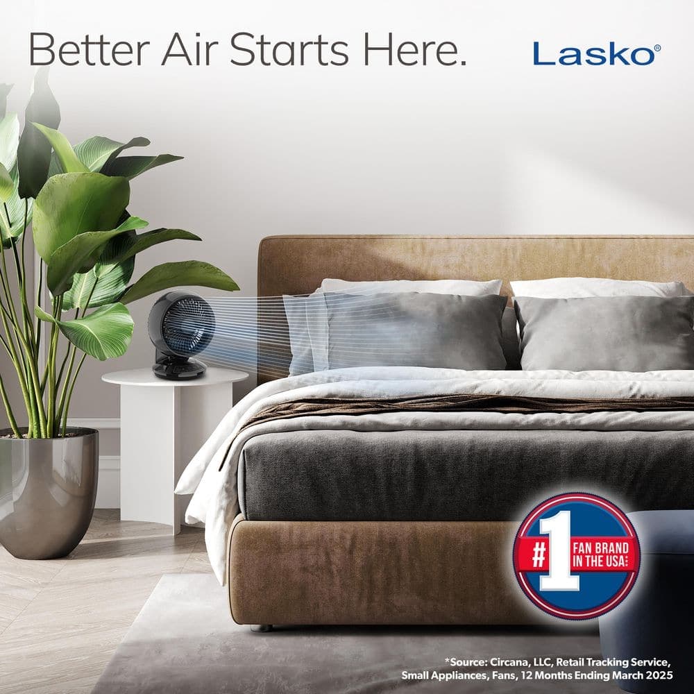 Lasko Whirlwind 7 in. 3-Speed Orbital Motion Air Circulator Table Fan in Black with Timer, Quiet Operation, Dark Mode, Remote (2)