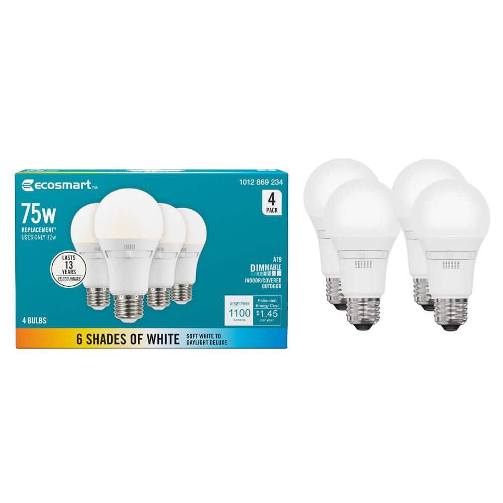 EcoSmart Universal Select 75-Watt Equivalent A19 Dimmable LED Light Bulb with Selectable Color Temperature (4-Pack)