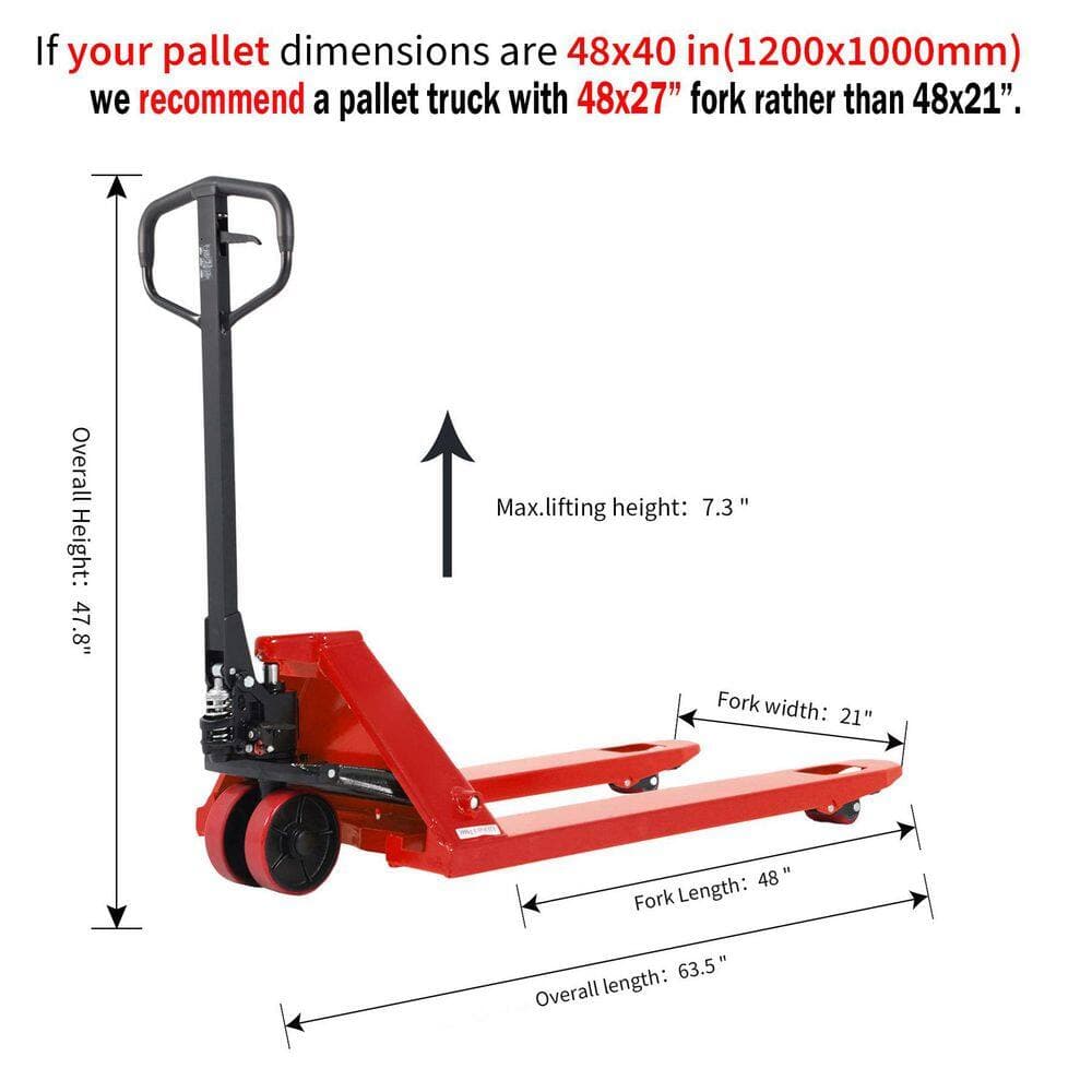 TORY CARRIER 3.0 in. Fork Lowered 5500 lbs. Manual Pallet Truck Red Hand Pallet Jack 48 in. x 21 in. Fork Size 7.3 in. Lifting (2)