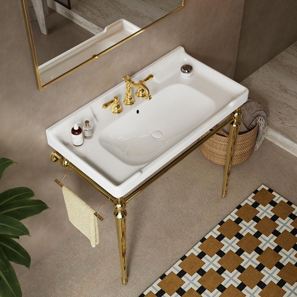 Wynnt Modern 36 in. Ceramic Console Sink with Stainless Steel in Golden Legs White Basin (2)