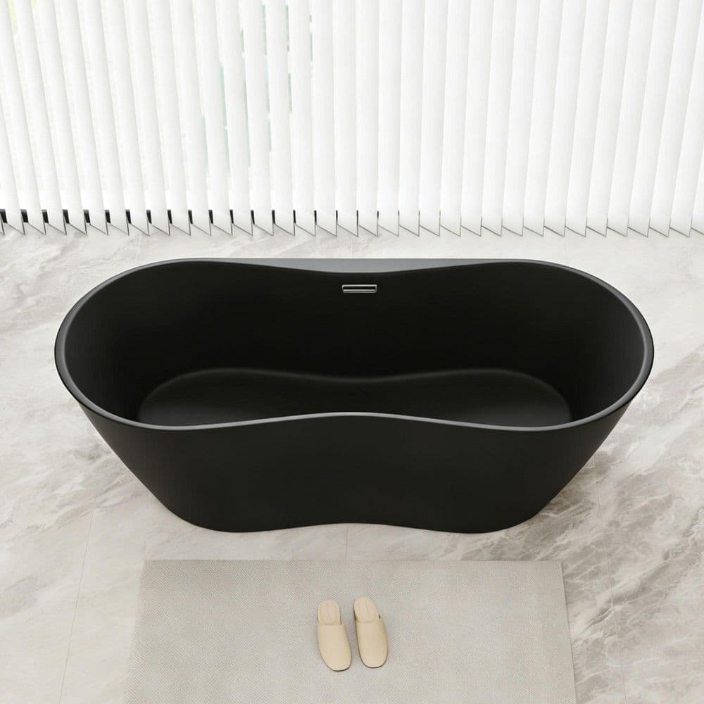 Opvande 71 in. x 31.5 in. Modern Curved Freestanding Solid Surface Soaking Bathtub, Black, Center Drain (2)