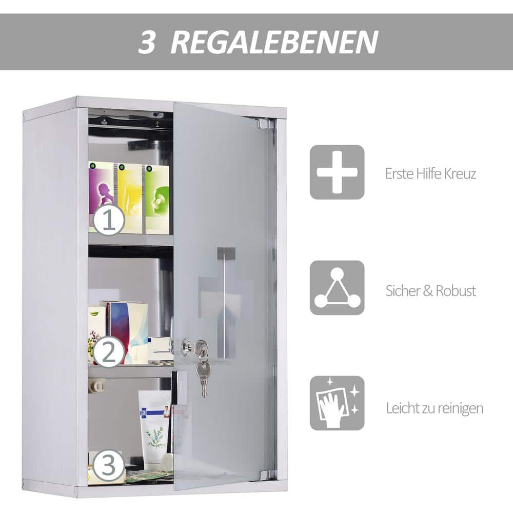 WELLFOR 11.75 in. W x 7 in. D x 19.75 in. H Lockable Stainless Steel Bathroom Storage Wall Cabinet in Silver with 2 Keys (3)
