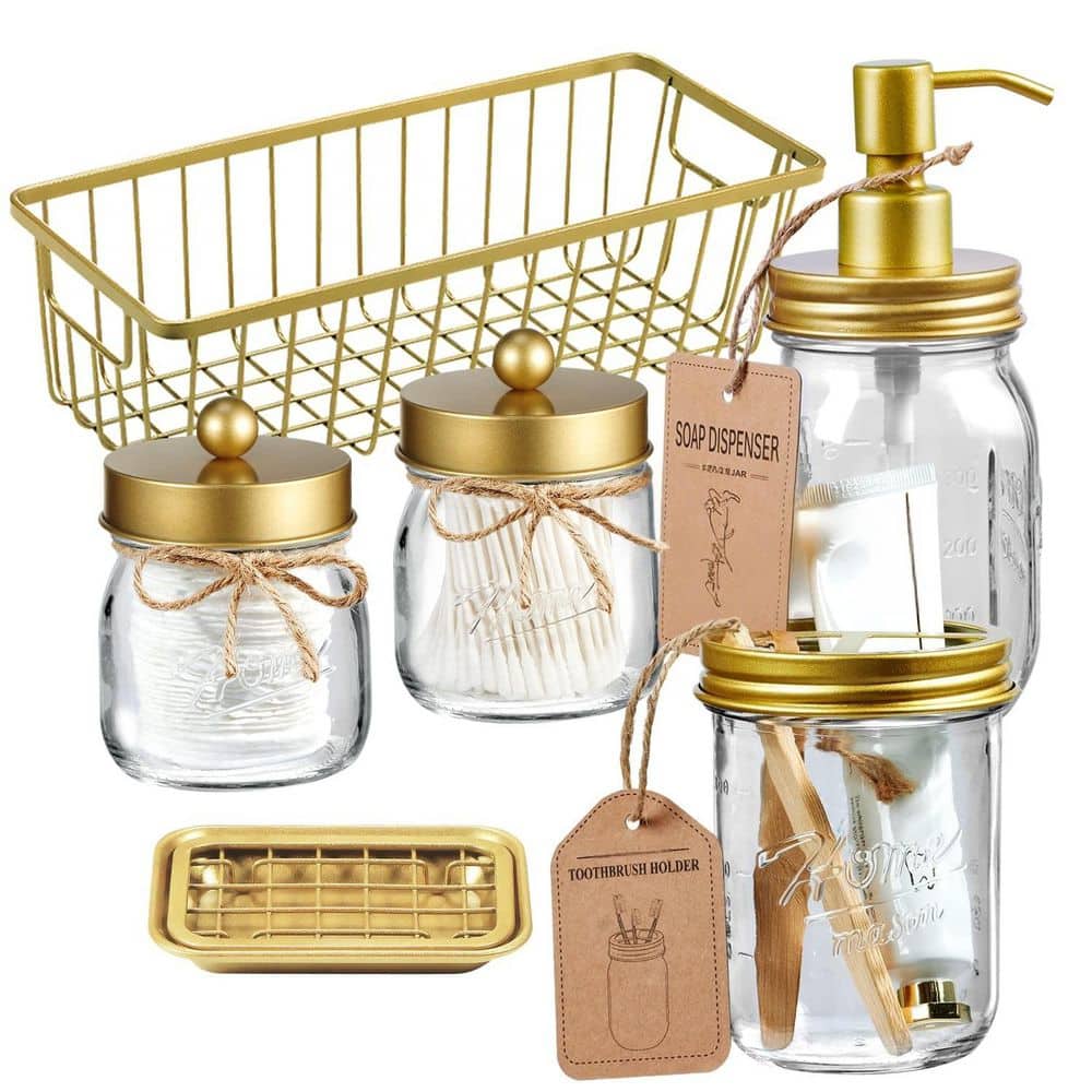 Wudkey 6-Piece Bath Accessory Set with Toothbrush Holder, Soap Dispenser, Mason Jars and Toilet Paper Basket in Gold (1)