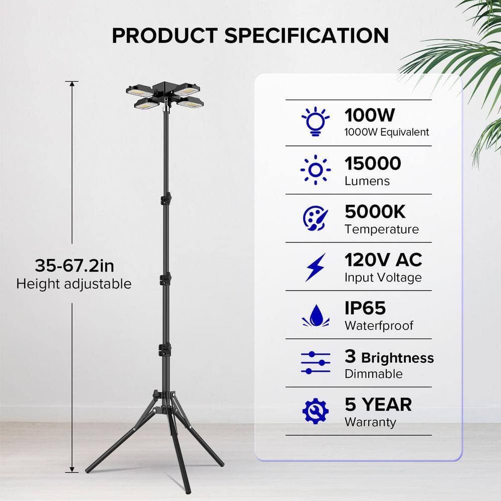 SANSI 120-Volt 15,000-Lumens LED Plug In 180° Adjustable 4 Head Tripod Work Light, 3 Brightness Modes, 5000K, IP65 Waterproof (2)