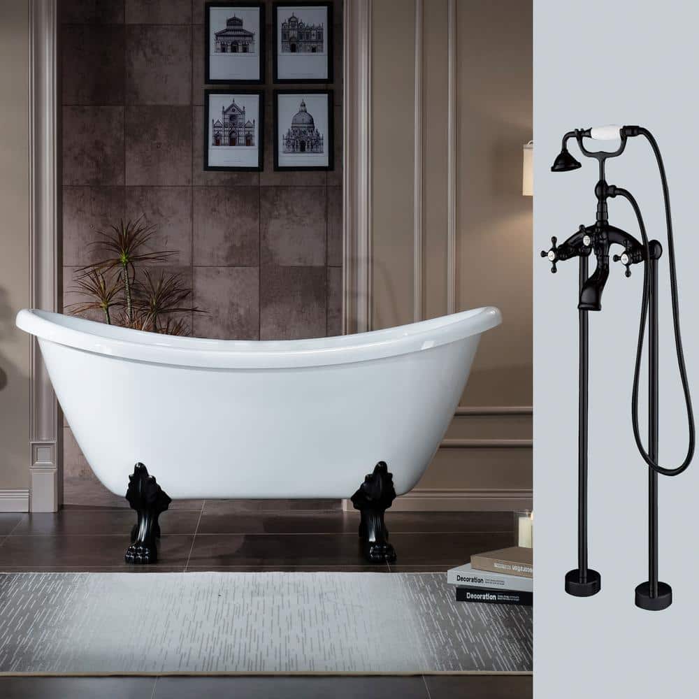 WOODBRIDGE Topeka 59 in. Heavy Duty Acrylic Slipper Clawfoot Bath Tub in White Faucet, Claw Feet, Drain & Overflow in Matte Black (1)