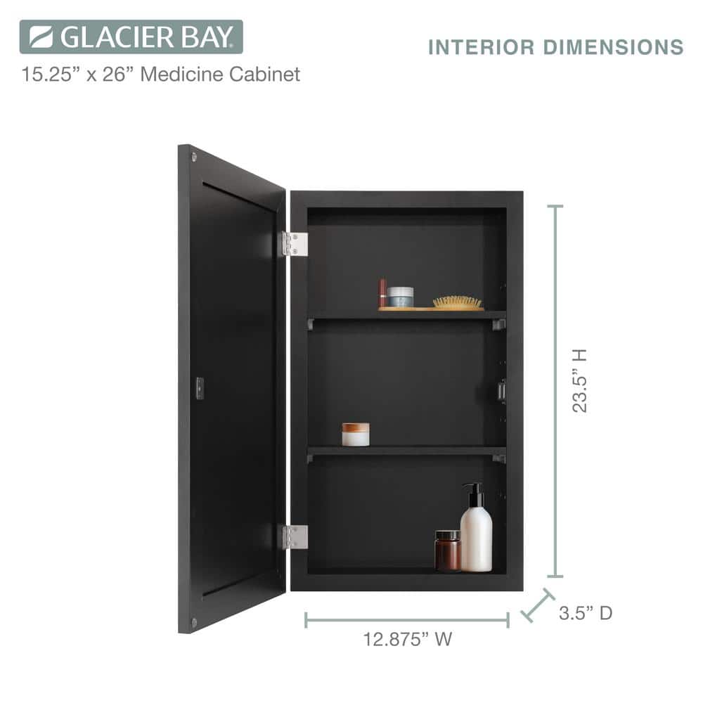 Glacier Bay 15-1/4 in. W x 26 in. H Rectangular Framed Recessed or Surface-Mount Bathroom Medicine Cabinet with Mirror, Black (4)