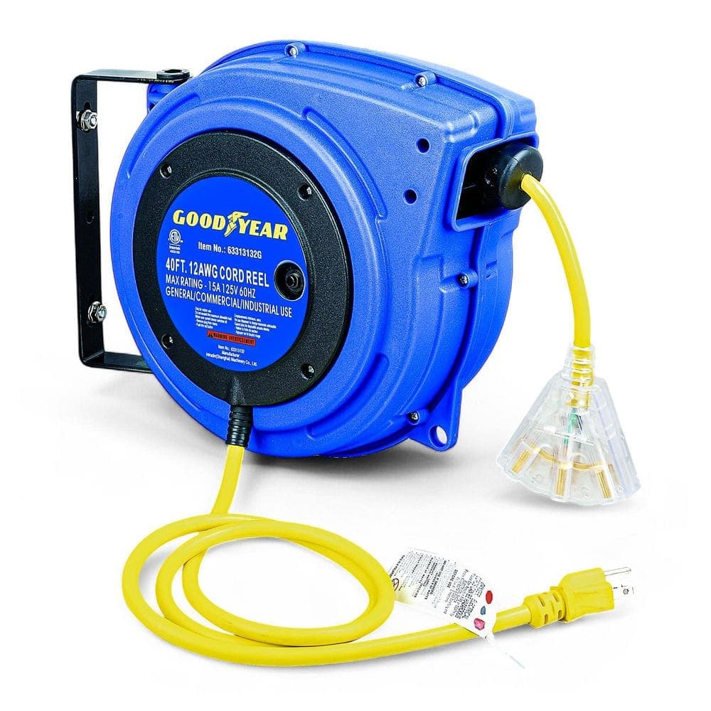 Goodyear 40 ft. 14/3 13 Amp Retractable Extension Cord Reel with 3-Grounded Outlets and Tri-Tap End