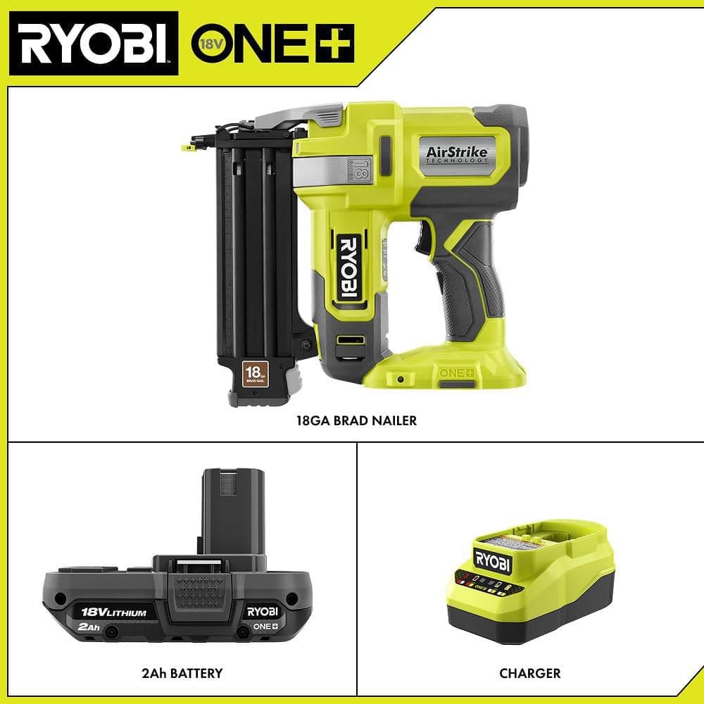 RYOBI ONE+ 18V 18-Gauge Cordless AirStrike Brad Nailer with 2.0 Ah Battery and Charger Kit (2)