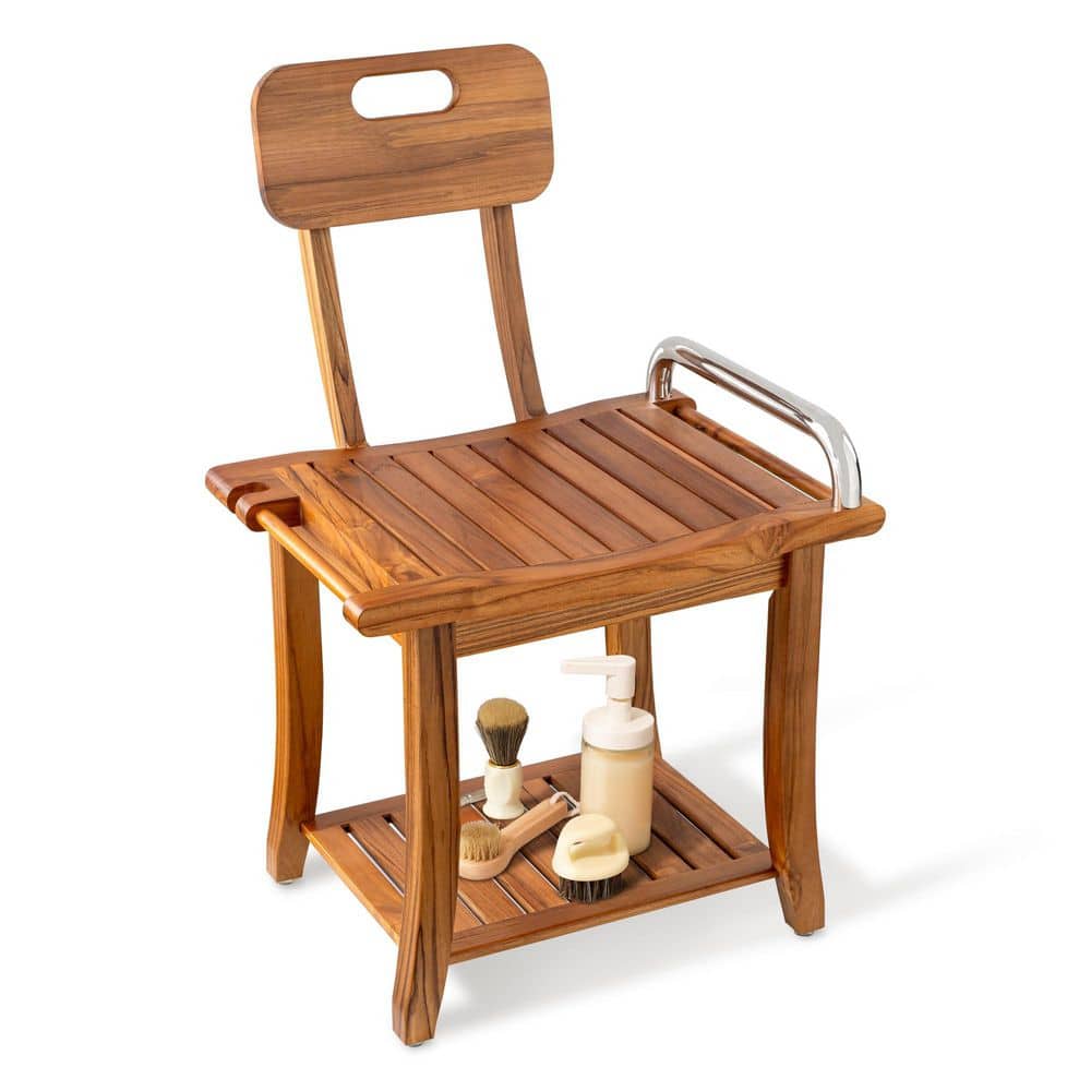Wudkey 19 in. Teak Wood Shower Bench Seat with Handles and Backrest in Brown, Waterproof Shower Seat for Seniors (1)
