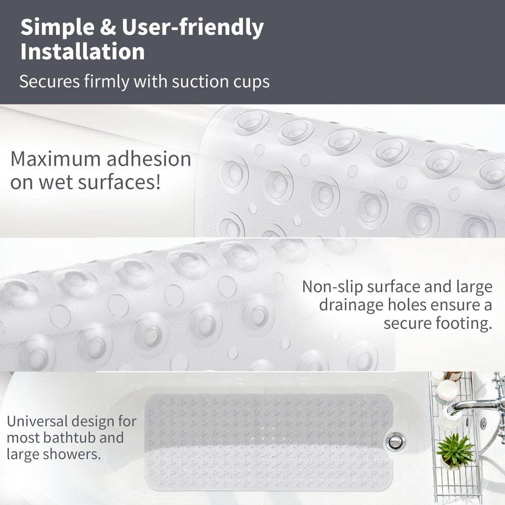 Numhew 40 in. x 16 in. Non Slip Bath Mat in Clear, Extra Long Shower Mat with Drain Holes, Machine Washable Strong Suction Cups (3)