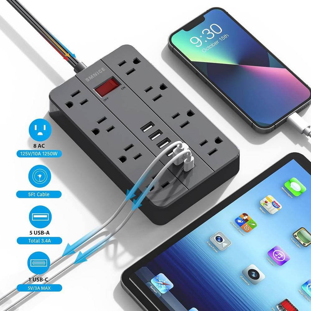 Lukyamzn 5 ft. Power Strip Surge Protector with Flat Plug, 8-Outlets and 6-USB Ports (1-USB-C), Wall Mountable in Black (3)