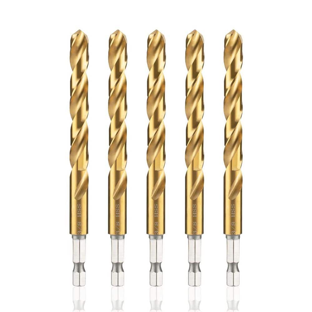 NVNOO 3/8 in. Titanium HSS Twist Hex Shank Drill Bit Set for Metal Steel Wood Plastic, Gold (5-Pack) (1)