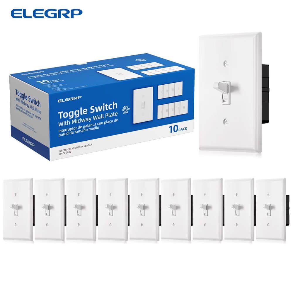 ELEGRP Toggle Light Switch with Wall Plate, 3-Way or Single Pole, 15A 120V, Self-Grounding, Residential Grade White (10 Pack) (1)