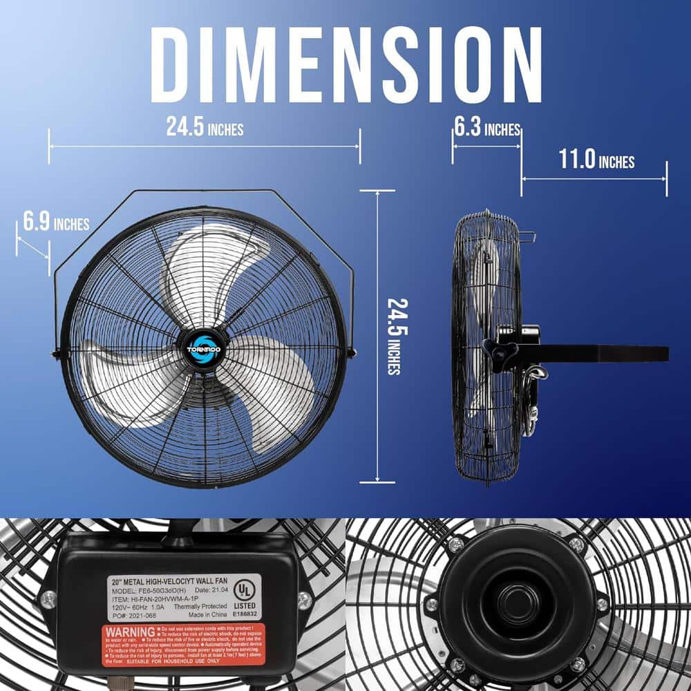 Tornado 20 in. 3-Speed High Velocity Metal Industrial Workstation Wall Fan in Black with 6 ft. Cord (2)