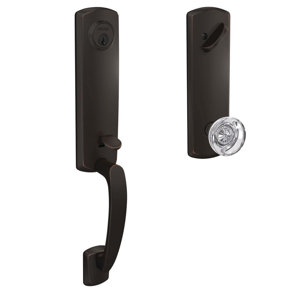 Schlage Custom Greenwich Aged Bronze Single Cylinder 3/4 Trim Door Handleset with Hobson Glass Door Knob