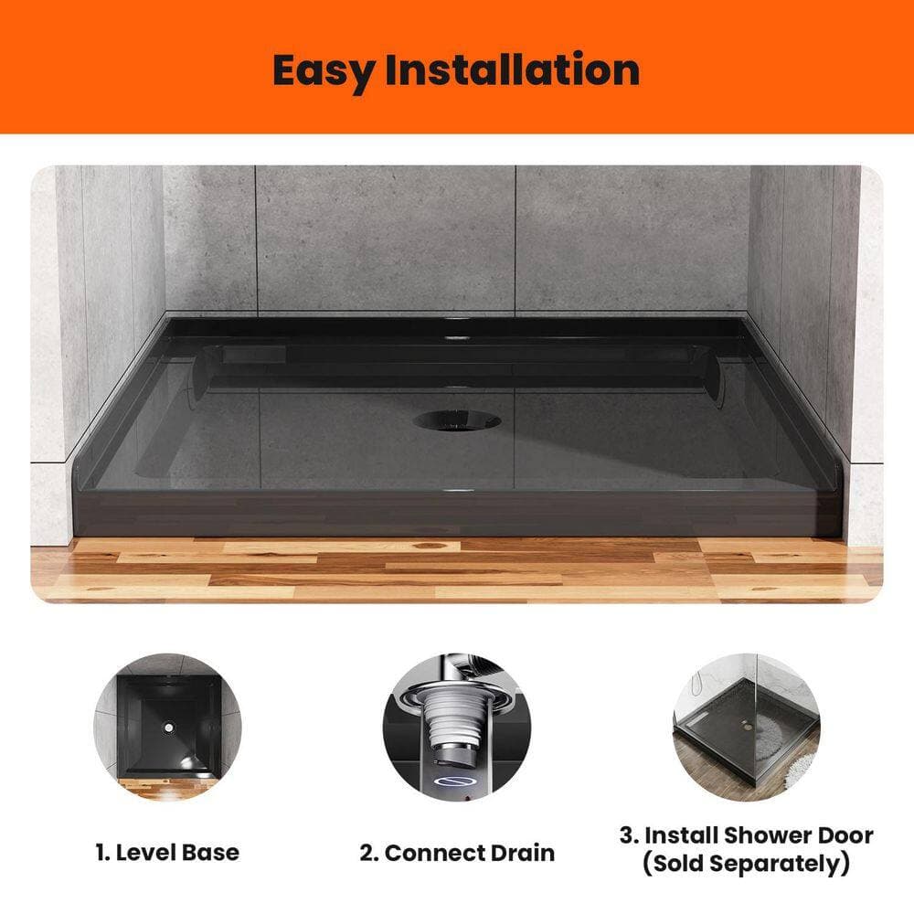 INSTER 36 in. L x 36 in. W x 3.54 in. H Anti-slip Acrylic Alcove Rectangle Shower Pan Base with Center Drain in Black (2)