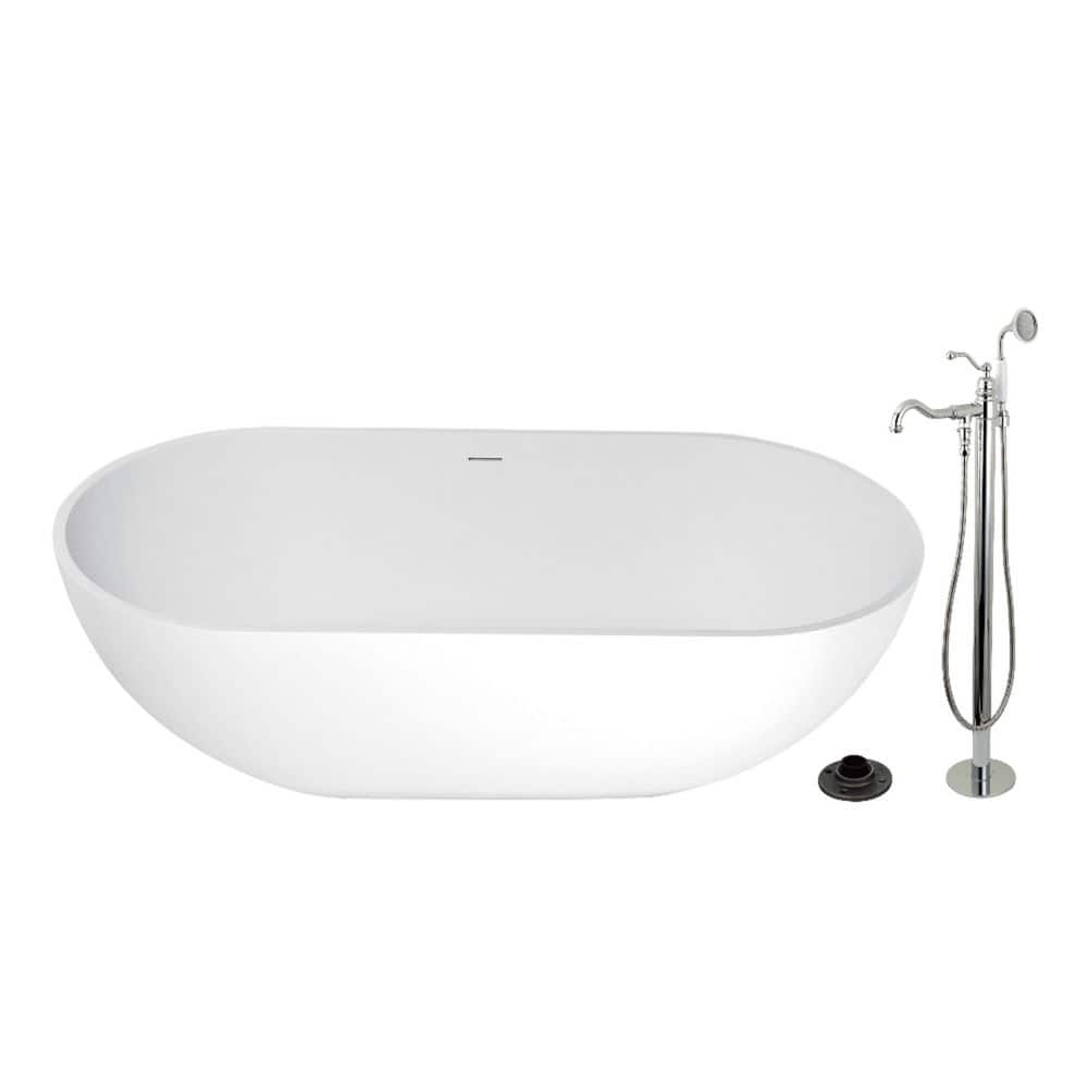 Kingston Brass Arcticstone 70.1 in. x 34.6 in. Surface White Stone Flatbottom Soaking Freestanding Bathtub in White/Polished Chrome (1)