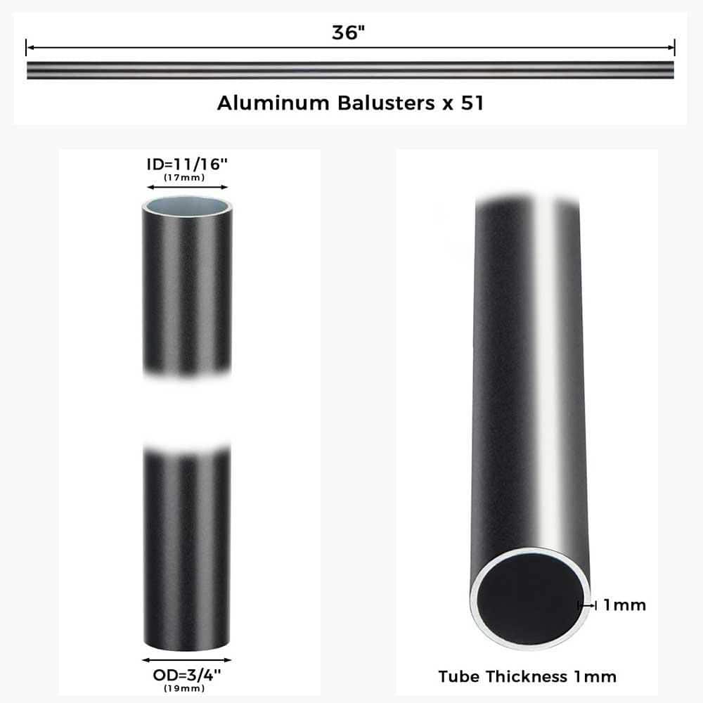 Afoxsos 36 x 3/4 Aluminum Deck Balusters Round Hollow Black Spindles for Porch Stairs Indoor Outdoor 51-Pack (2)