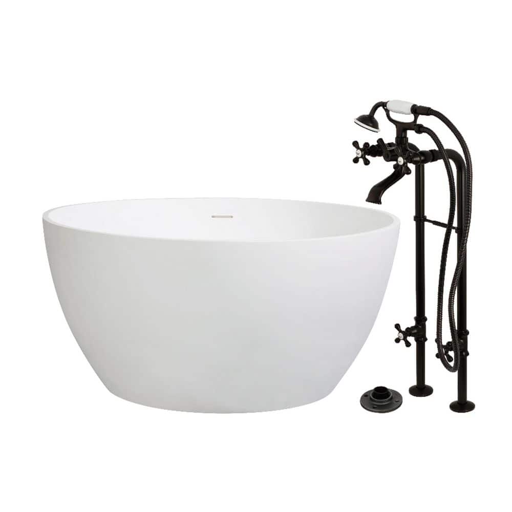 Kingston Brass Arcticstone 45.6in. x 45.6in. Surface White Stone Flatbottom Soaking Freestanding Bathtub in White/Oil Rubbed Bronze (1)
