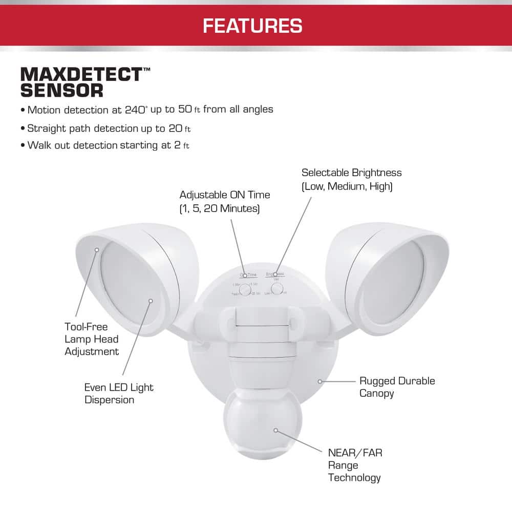 Defiant MaxDetect 240° White Motion Sensing Wired Outdoor 2-Head LED Security Flood Light 1400 Lumens (4)
