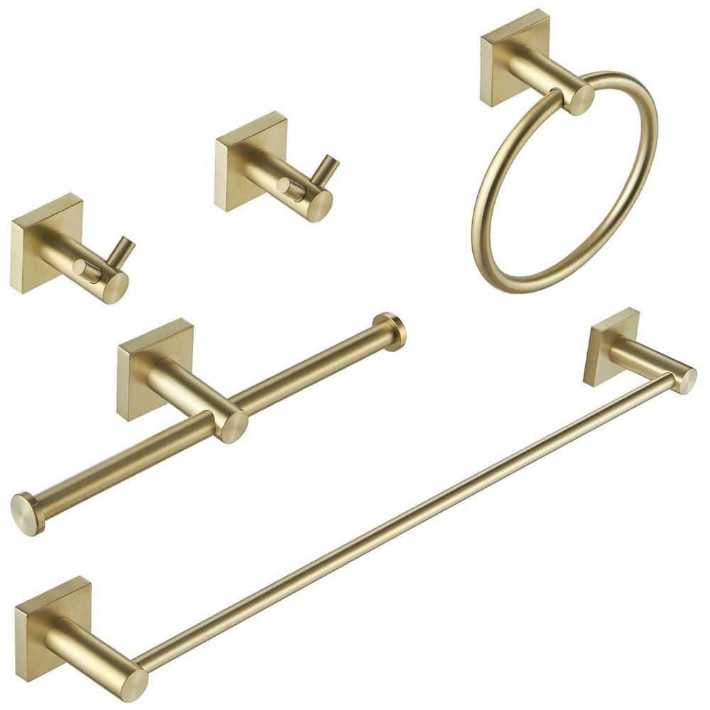 BEARSOLIM 5-Piece Bath Hardware Set with Towel Bar Towel Ring Towel Hook Toilet Paper Holder in Brushed Gold (1)