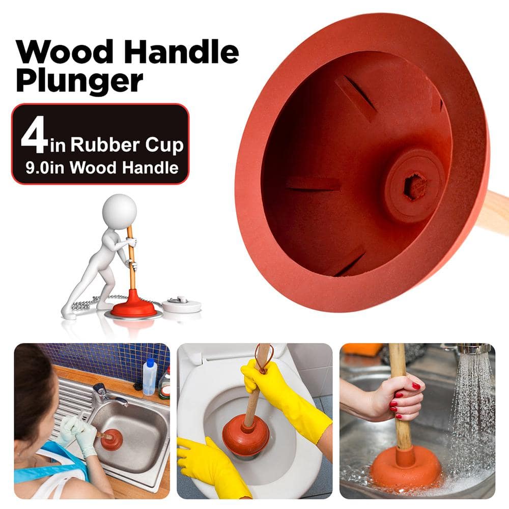 PLUMBFLEX Heavy Duty Rubber Plunger for Bathroom - Small Plunger for Sink with 9 in. Wooden Handle to Fix Clogged Basins and Tubs (2)