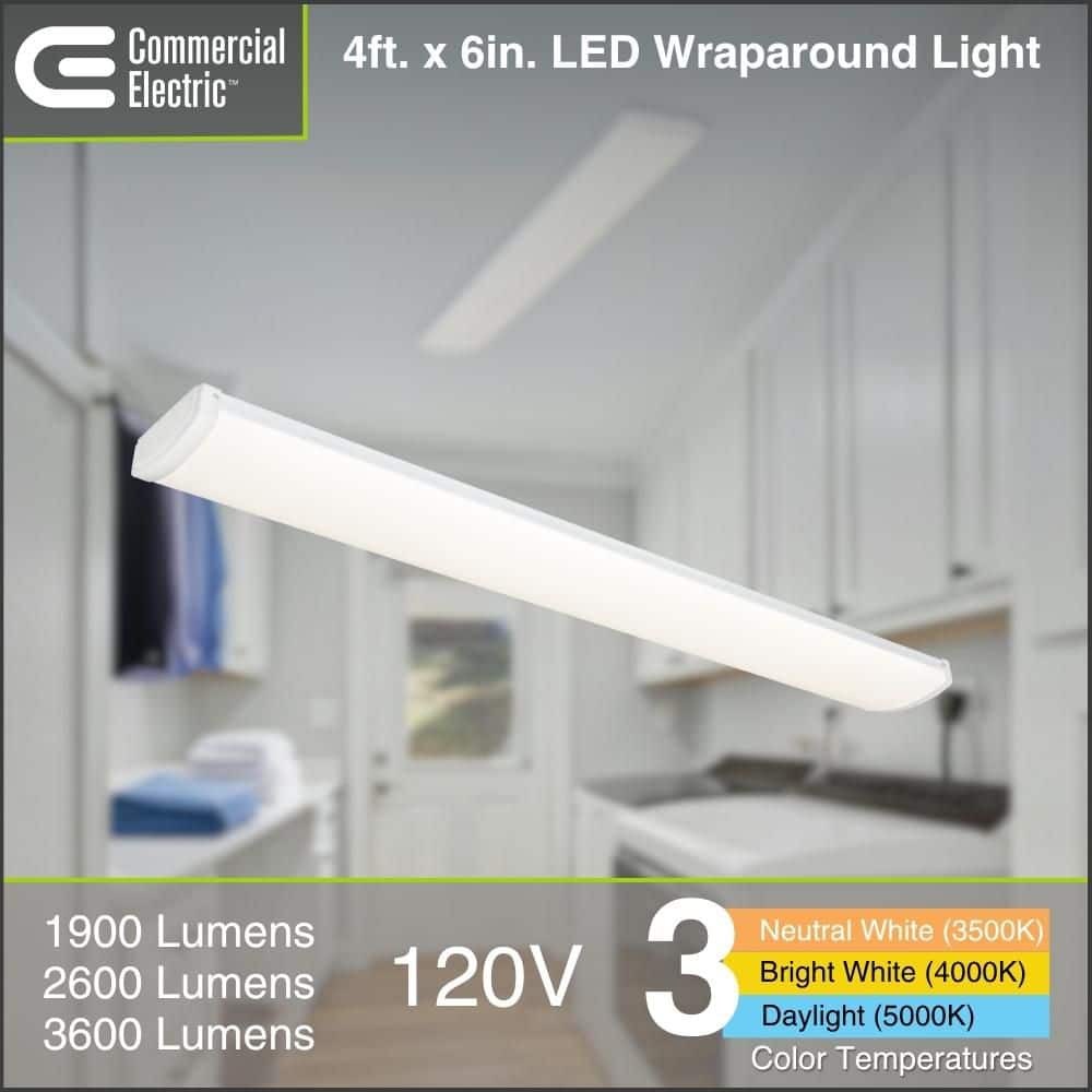 Commercial Electric 4 ft. x 6 in. 1900/2600/3600 Lumen LED White Wraparound Light, Selectable CCT, Dimmable (4)
