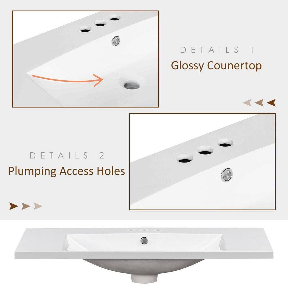 LIVACA 36 in. 18 in. Drop-In Bathroom Sink in White Resin with 4-Inch Center Set Faucet Holes Durable Construction (3)