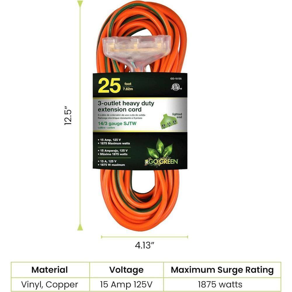 GoGreen Power (G-15125-2) 25 ft. 14/3 3 Outlet Indoor Heavy Duty Extension Cord, Orange, 2 PACK (2)