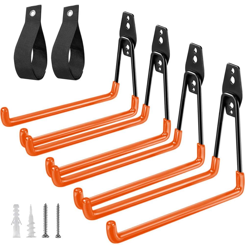 NVNOO 7.7 in. U Shaped Garage Long Hooks with 2 Extension Cord Holder Organizer for Garden Tool Bikes Hanging, Orange (4-Pack)