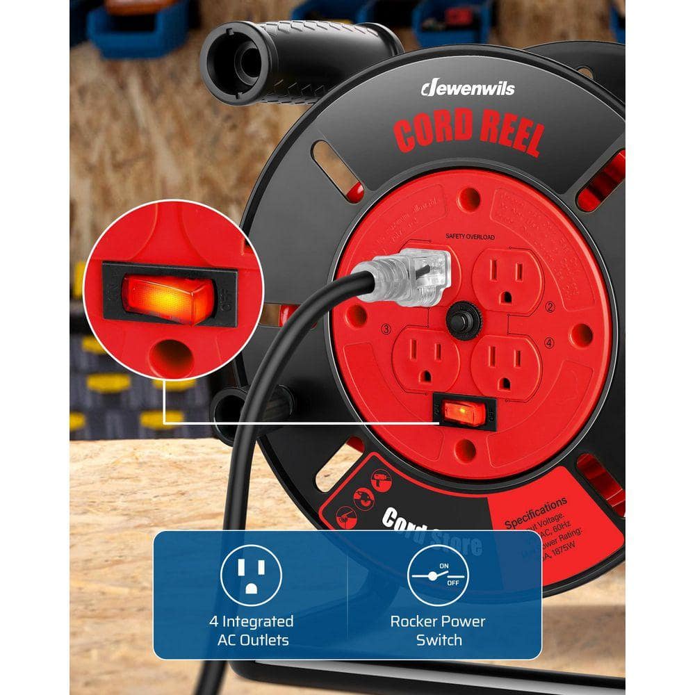 DEWENWILS Heavy Duty Hand Wind 100 ft. 14 / 3,16 / 3 Gauge 15 Amp Retractable Extension Cord Reel with 4 Grounded Outlets (3)