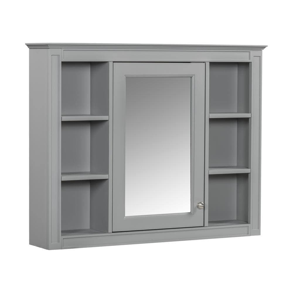 cadeninc 35 in. W x 7.32 in. D x 27.5 in. H  Wall Mounted Bathroom Storage Cabinet in Gray with Mirror and 6 Open Shelves (3)