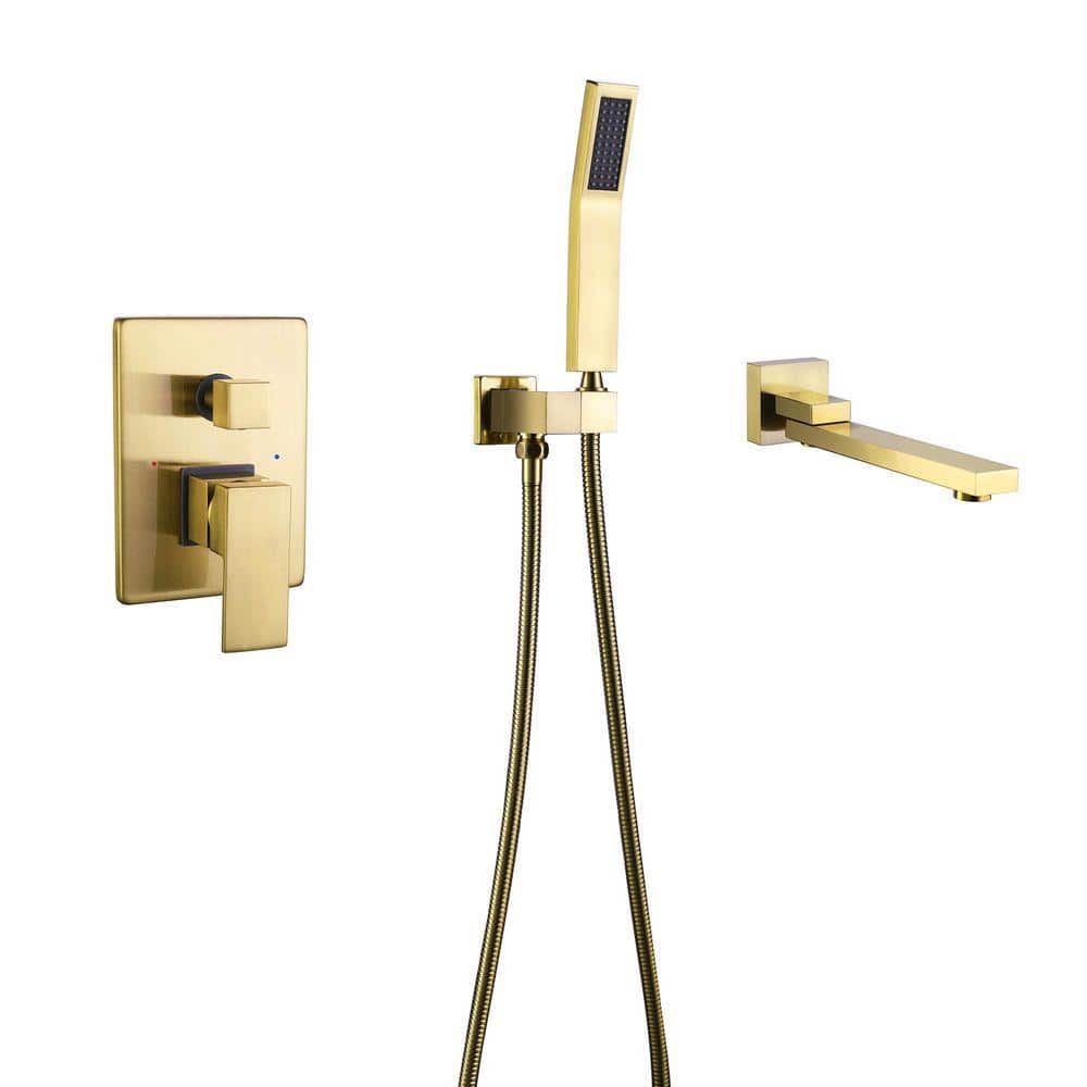 Modland Single-Handle Wall-Mount Roman Tub Faucet with Hand Shower 3-Hole in. Brushed Gold (1)