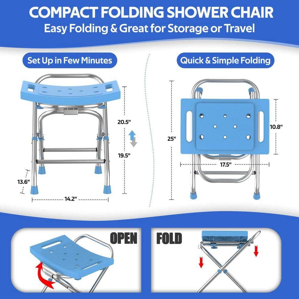 Lynzavix 20.7 in. W Foldable Stainless Steel Shower Seat with Non-Slip Tips Adjustable Height Elderly, Disabled Blue Freestanding (3)