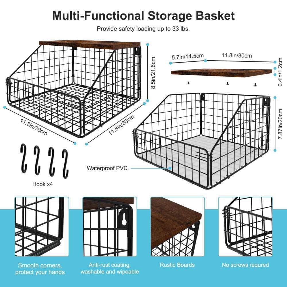 Numhew 11.8 in. W x 7.9 in. D x 8.5 in. H Wall Mounted Rectangular Metal Shelf with Storage Basket for Towels, Tissues, Brown (2)