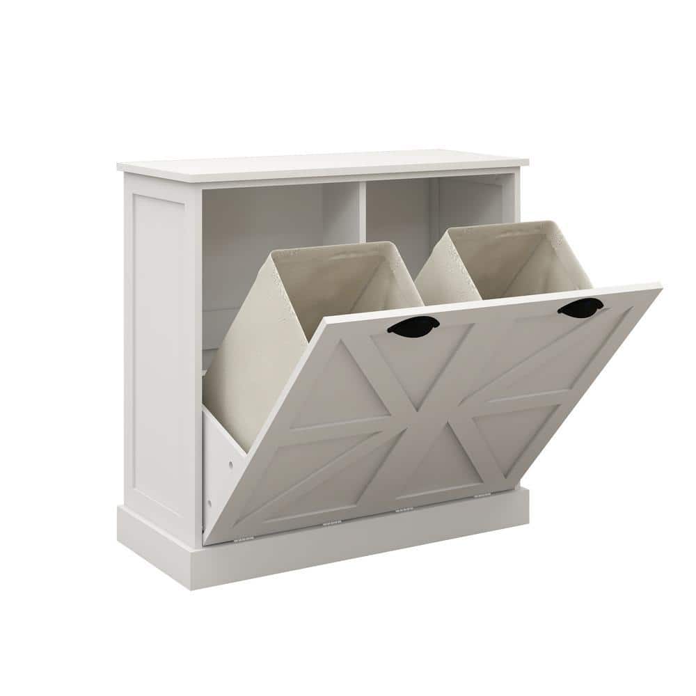 Nestfair 31.49 in. W x 13.77 in. D x 30.7 in. H White Linen Cabinet 2 Compartment Tilt-Out Laundry Sorter Cabinet (1)