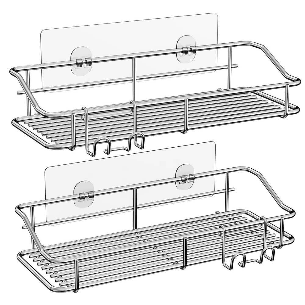 Anqtovp Wall Mounted Adhesive Rustproof Stainless Steel Shower Caddy with Hooks Detachable Design in Silver 2 Pack (1)