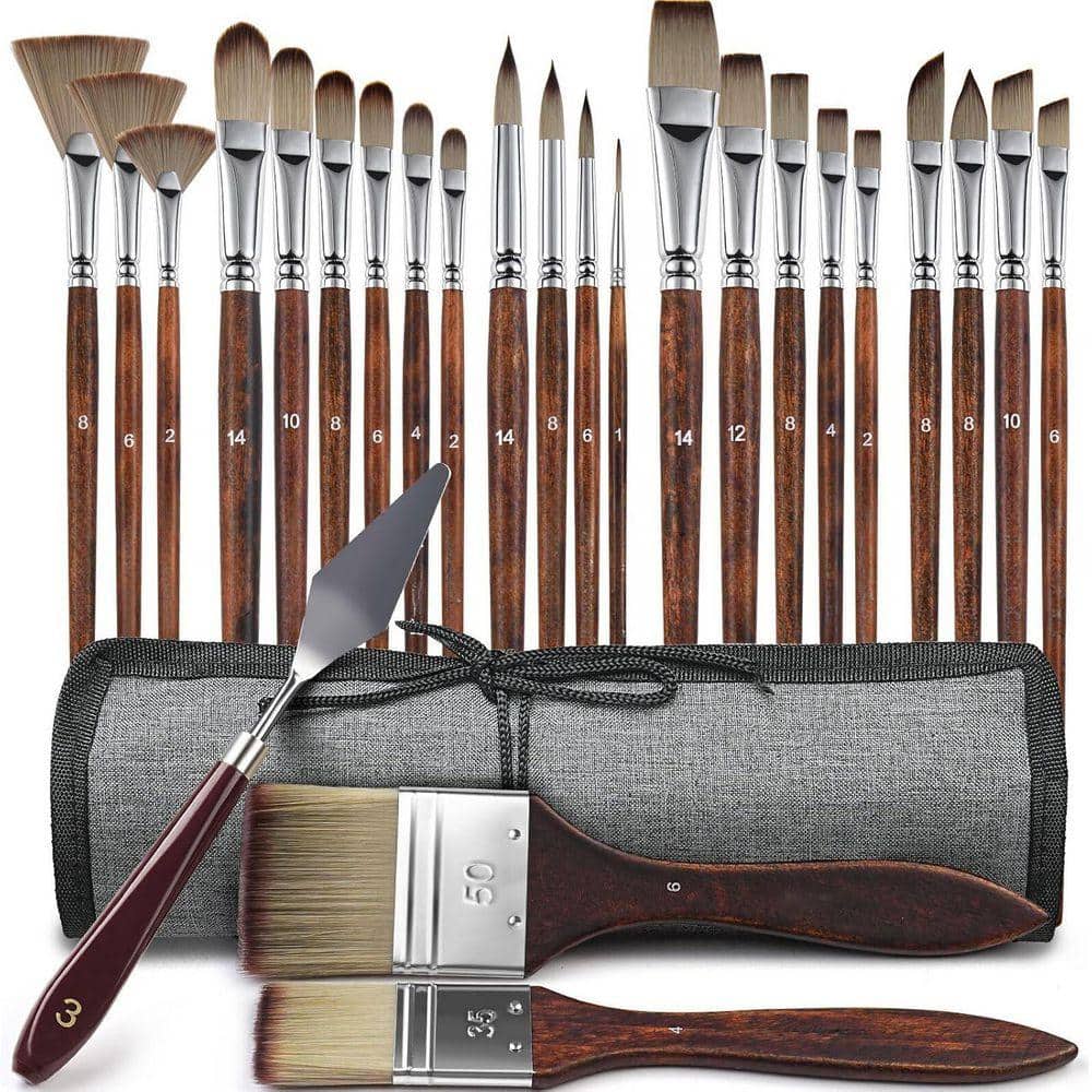 KIWDZFU 25-Pcs Paint Brush Set Professional Artist Series with Synthetic Bristles for Oil Acrylic Canvas Face Painting (1)