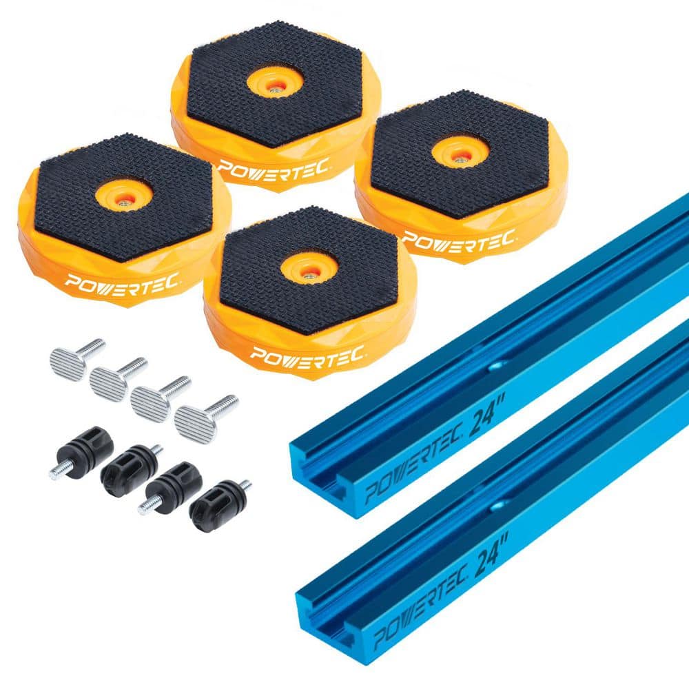 ‎POWERTEC 24 in. Double-Cut Profile Universal T-Track, with Work Bench Stops Plus Work Grippers and Finishing Cone (1)