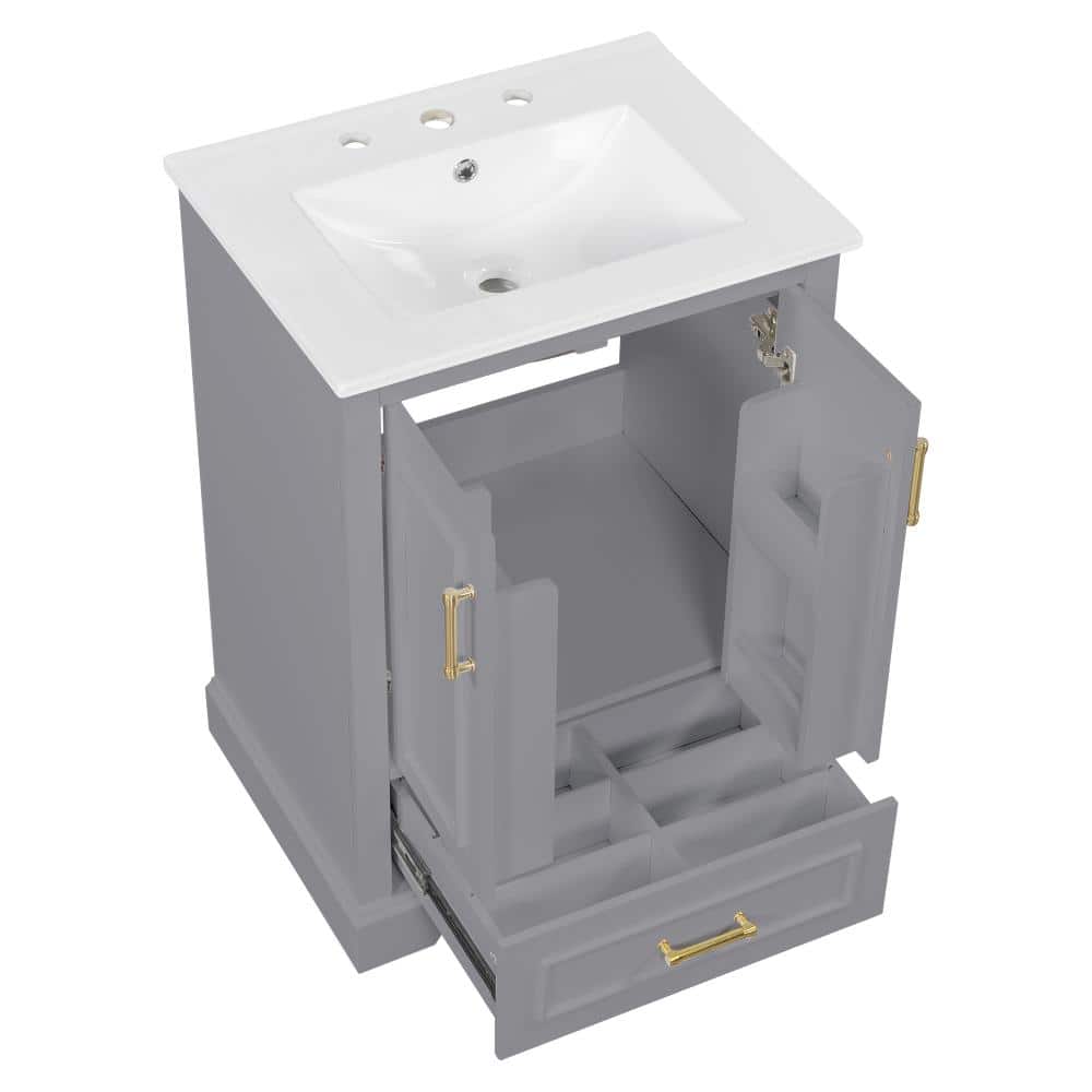Unbranded Gray 24in Bathroom Vanity with Sink 1 Divider Drawer and 2 Soft-close Doors Double Shelf on Door (3)