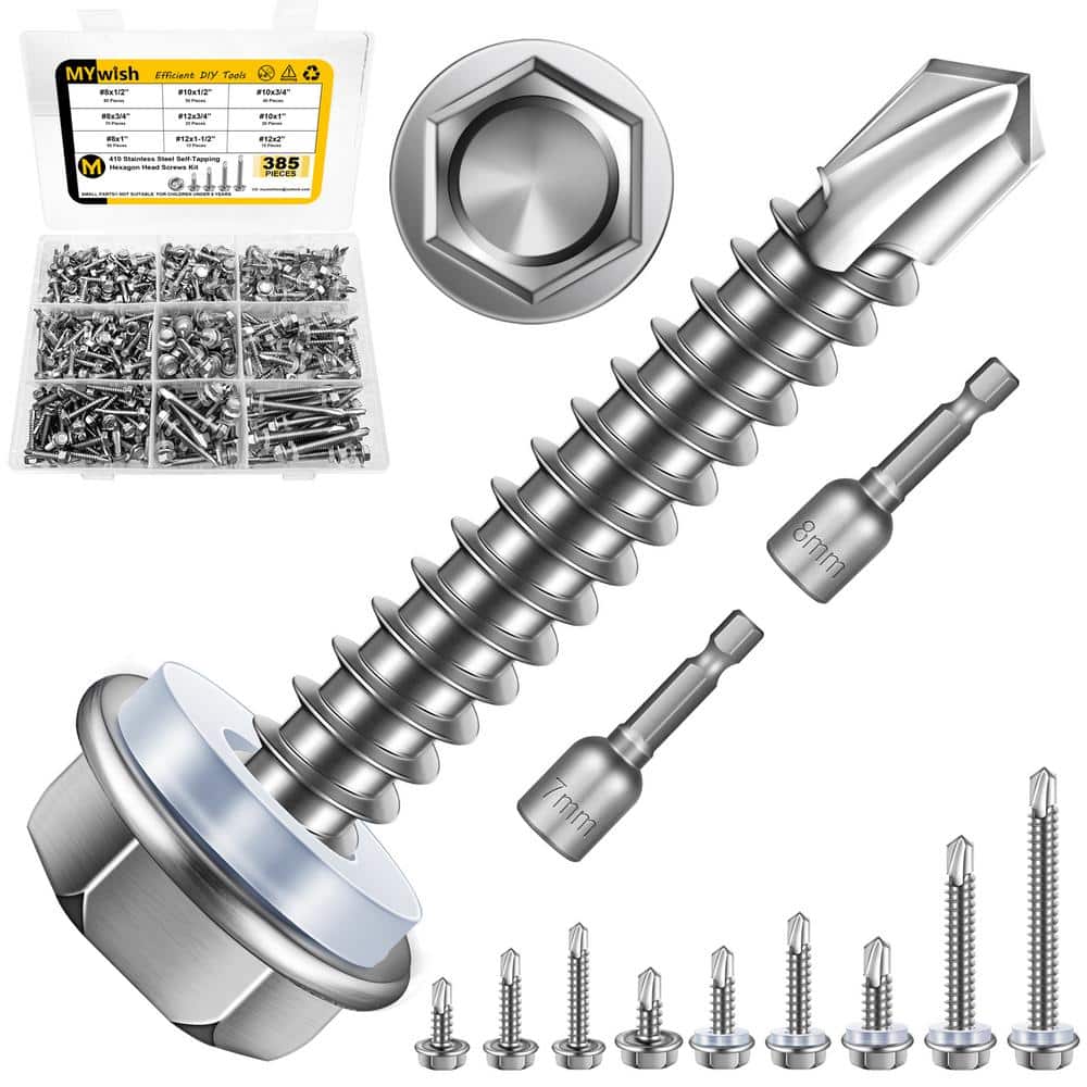 MYWISH 385-Piece #8 #10 #12 Hex Head Self-Tapping Screw Kit, Stainless Steel for Metal, Wood, Plastic and Sheet Metal (1)