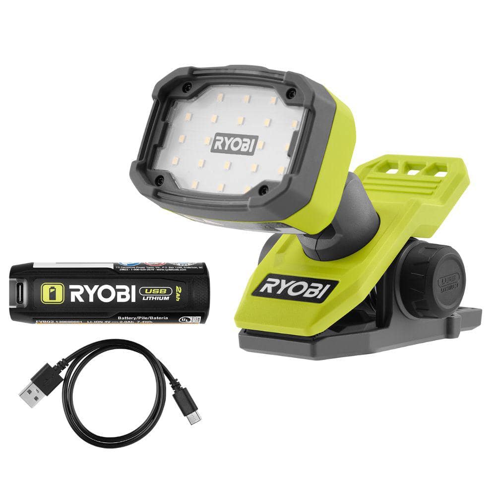RYOBI USB Lithium Cordless Magnetic Clamp Light Kit with 2.0 Ah Battery and Charging Cable