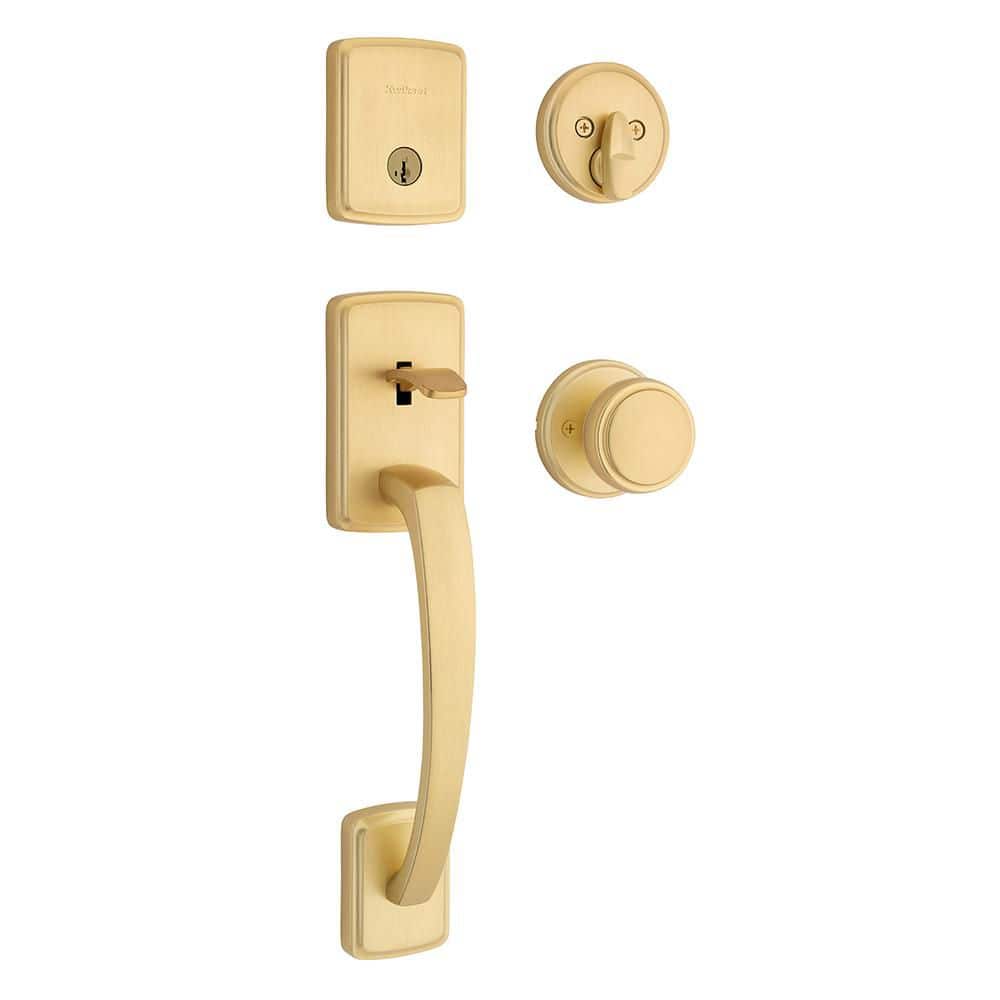 Kwikset Brentford Satin Brass Keyed Door Handleset with Deadbolt and Sora Door Knob Featuring SmartKey Security