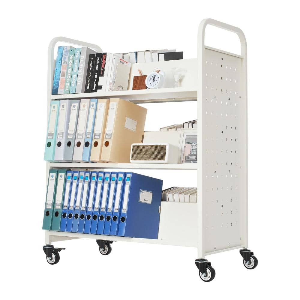 Volenca Rolling Library Book Cart, 330 Lbs Capacity, Double-Sided W Shelves, 3" Locking Wheels, 38.2x20.3x48.2 in (2)