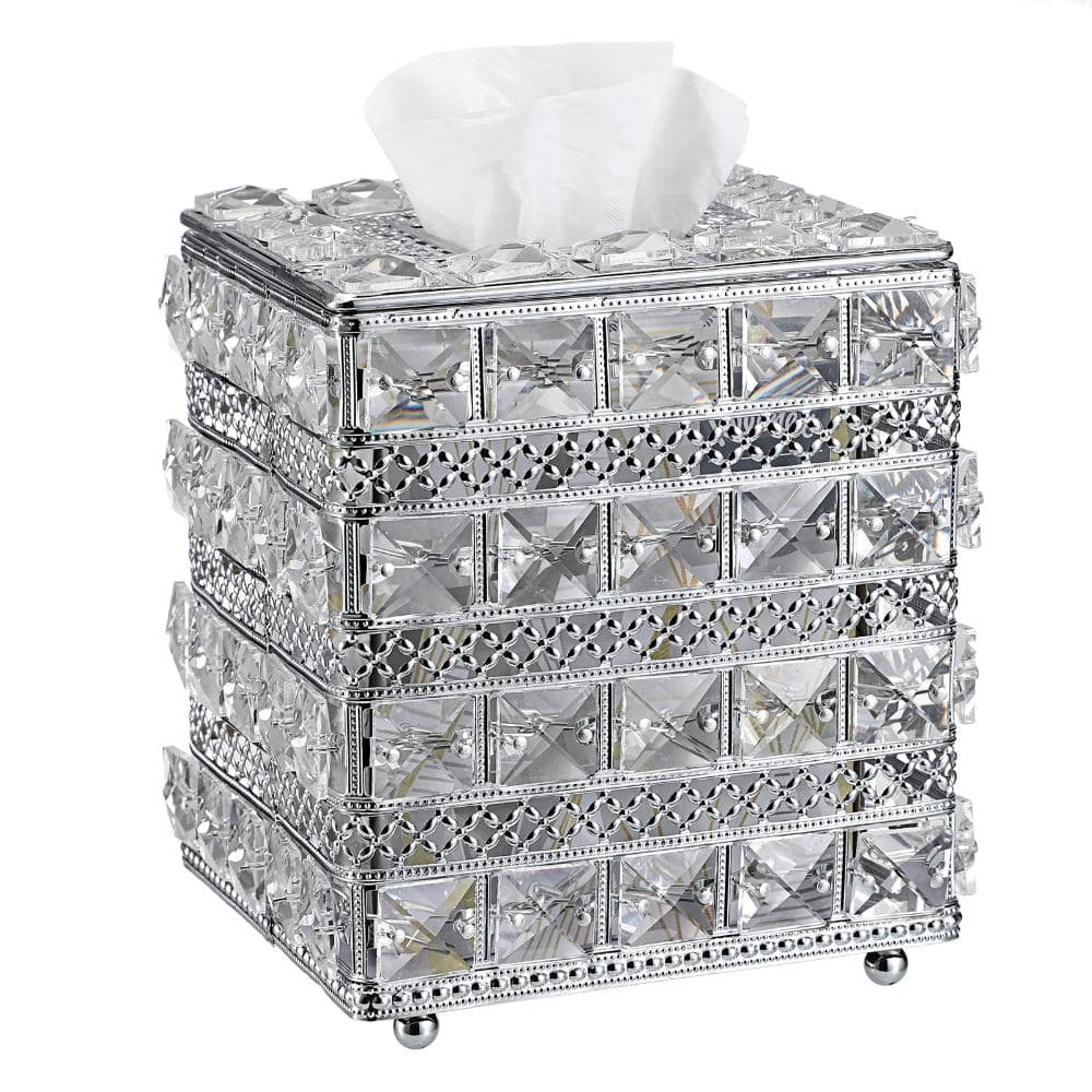 Unbranded Crystal Square Tissue Box Cover with Sparkling Cube Glass and Silver Accents for Home Decor