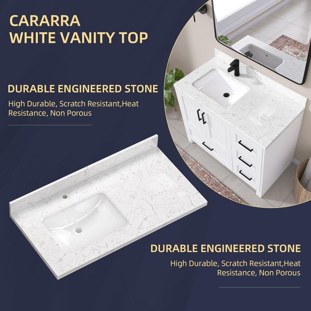 Zeafive Cala 42 in. W x 22 in. D Engineered Stone White Left Offset Rectangular Single Sink Bathroom Vanity Top in Carrara White (3)