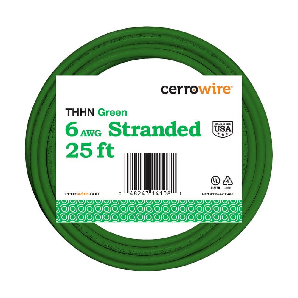 Cerrowire 25 ft. 6 Gauge Green Stranded Copper THHN Wire