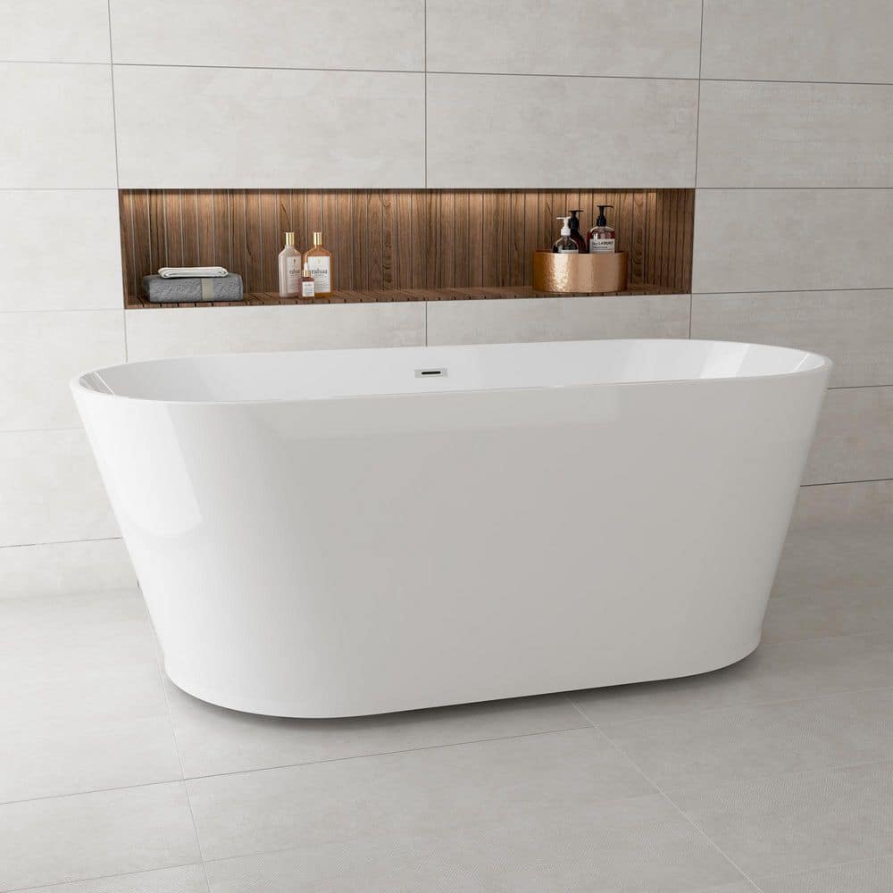 VanityFus 59 in. x 30 in. Oval Acrylic Freestanding Soaking Bathtub with Center Drain in Gloss White (2)